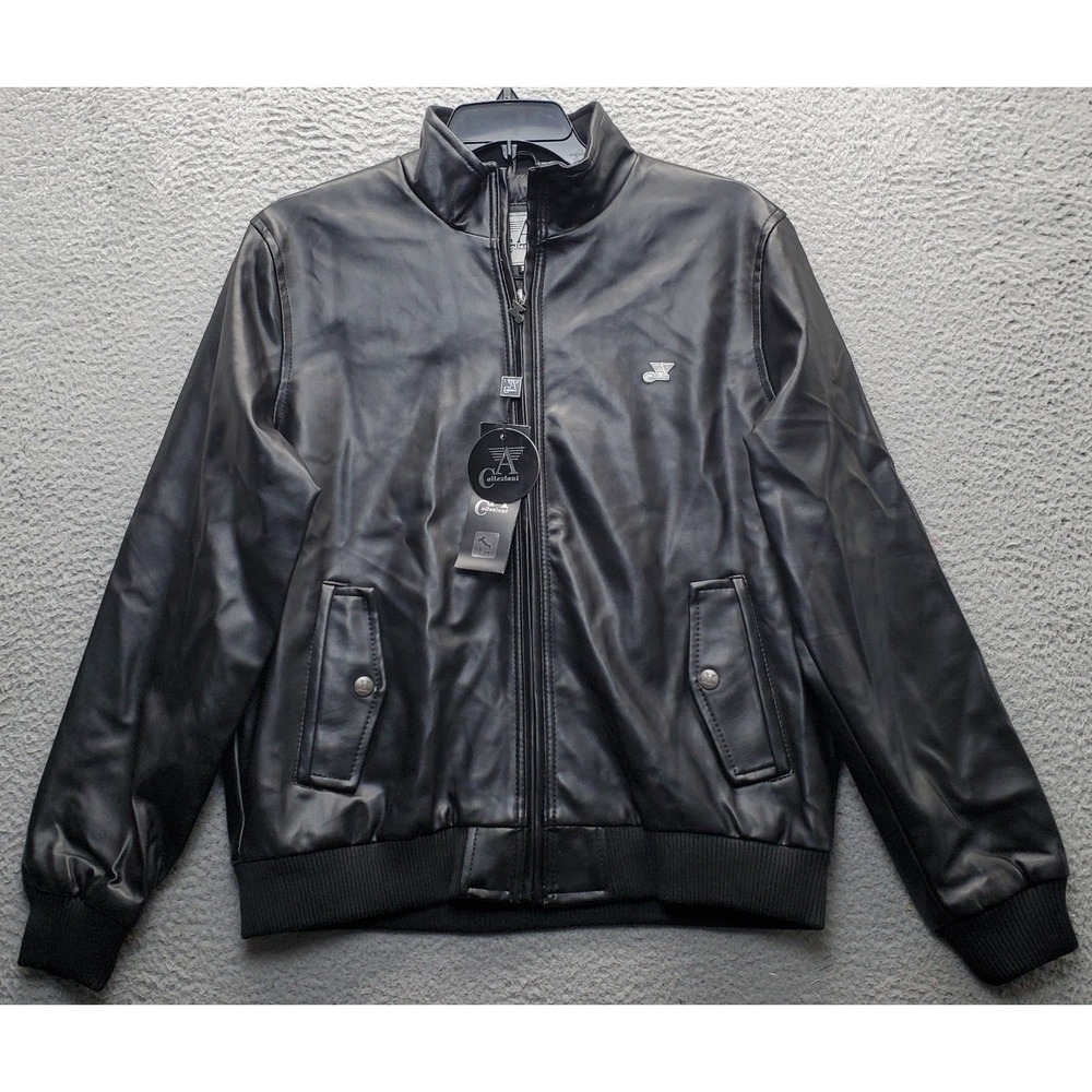 A Collection Bomber Jacket Mens XL Black Faux Leather Lined Flap Pockets Zip Up